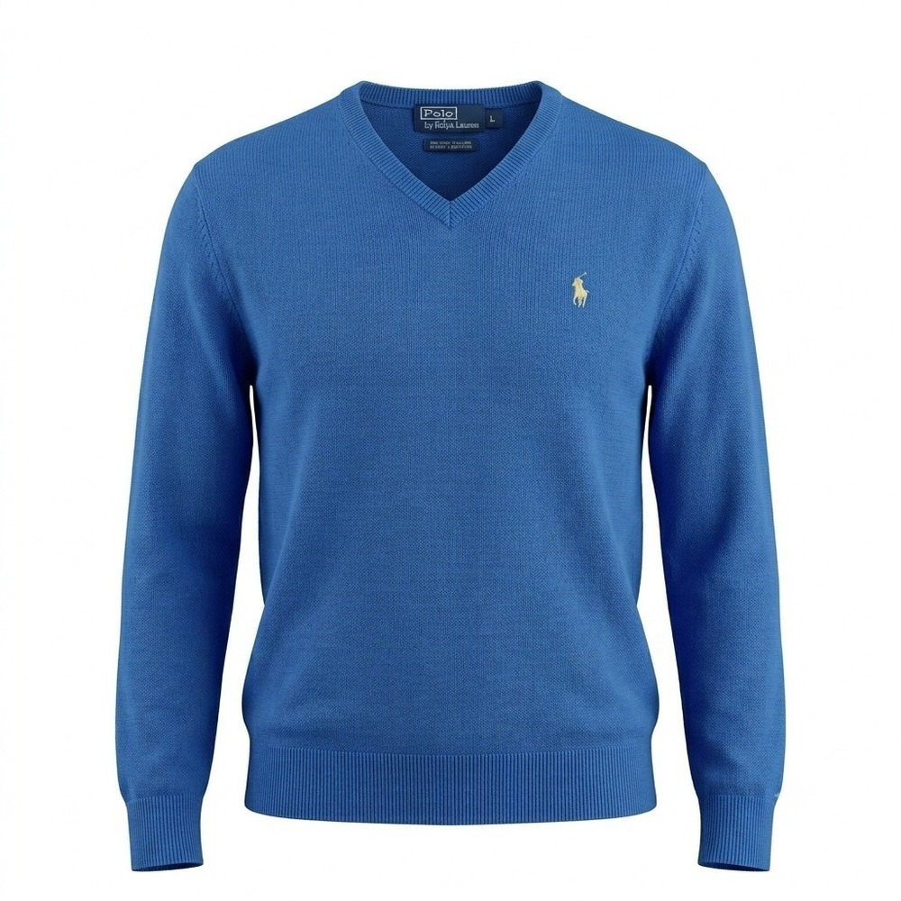 Polo Ralph Lauren Men's V-Neck Sweater Blue 85% Cotton 15% Cashmere Size‎ Large